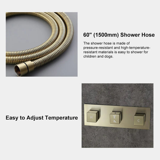 Modern Square Rain Shower Head &  Wall-Mounted Brushed Gold Mixer Set