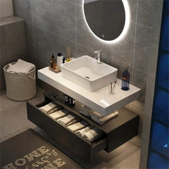 Astra Modern Oak Vanity with Stone Top & LED Mirror