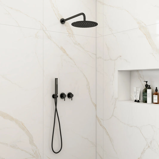 250mm Wall-Mounted Black Round Shower Set with 2 Functions & Hand Shower