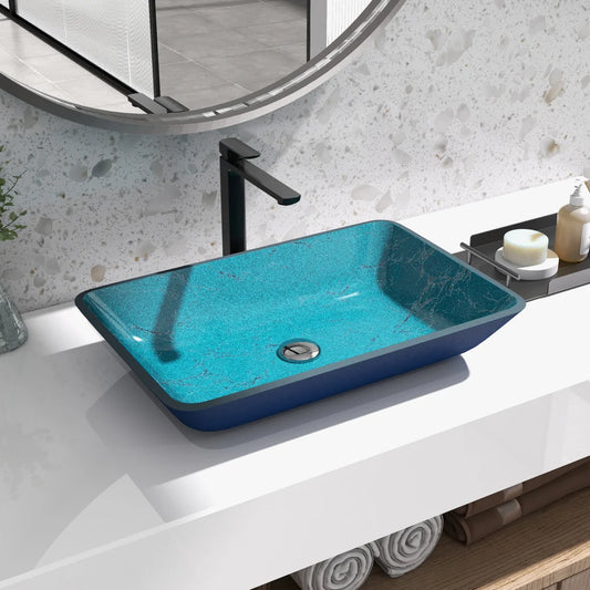 Modern Greenish-Blue Rectangular Tempered Glass Countertop Basin