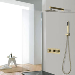 Modern Square Rain Shower Head &  Wall-Mounted Brushed Gold Mixer Set