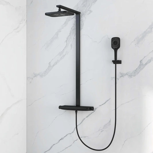 Black Exposed Rainfall Shower Mixer with Hand shower & Stone Rack