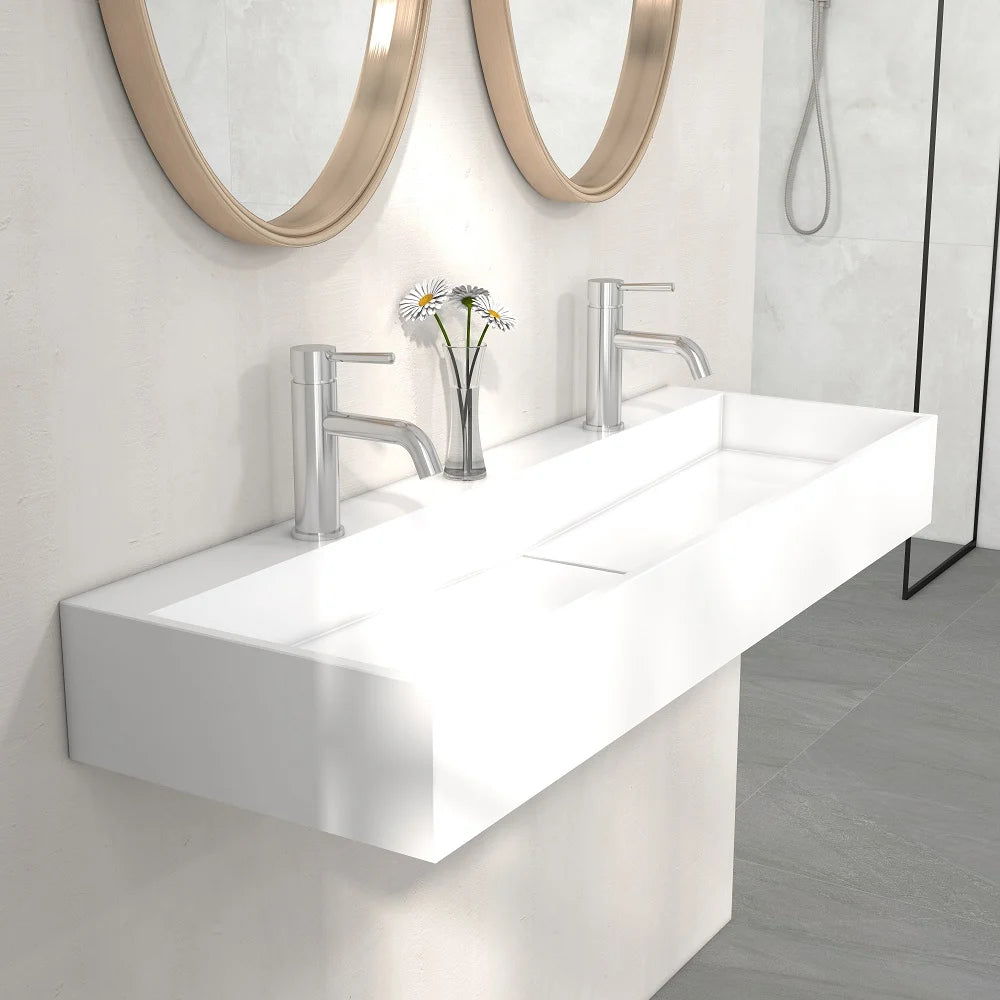 Wall-Mount Double Basin Stone Resin Floating Trough Sink (1200mm)