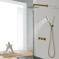 Modern Square Rain Shower Head &  Wall-Mounted Brushed Gold Mixer Set