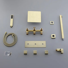 Modern Square Rain Shower Head &  Wall-Mounted Brushed Gold Mixer Set
