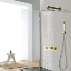 Modern Square Rain Shower Head &  Wall-Mounted Brushed Gold Mixer Set