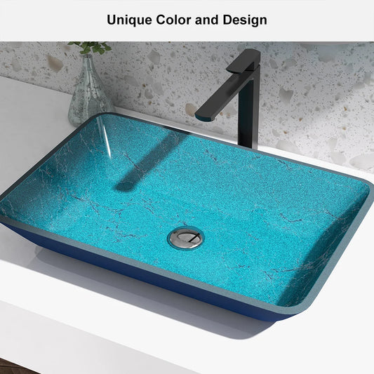 Modern Greenish-Blue Rectangular Tempered Glass Countertop Basin