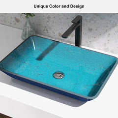 Modern Greenish-Blue Rectangular Tempered Glass Countertop Basin